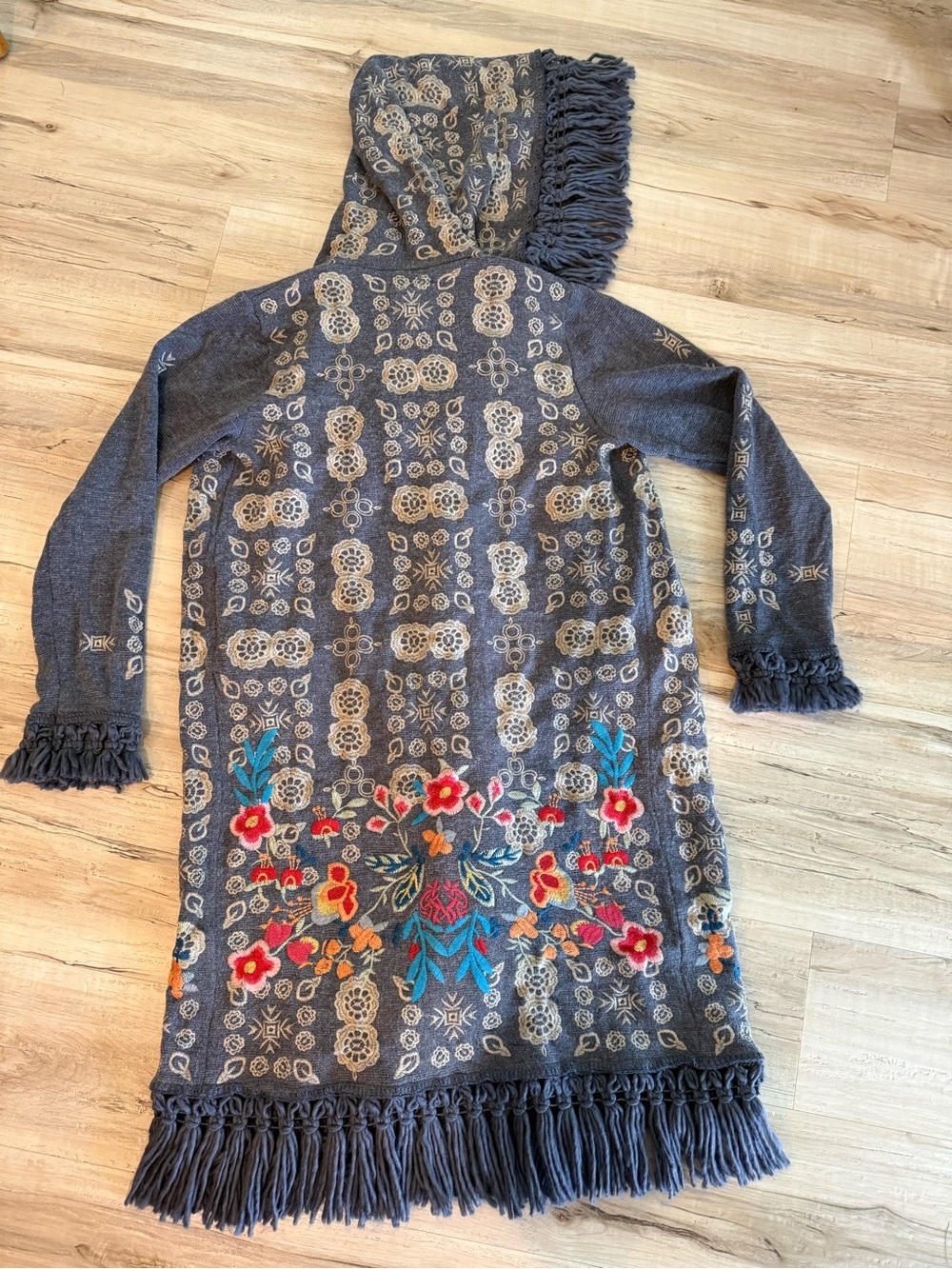 Johnny Was Gray Hooded Fringe Cardigan with Multicolor Floral Embroidery